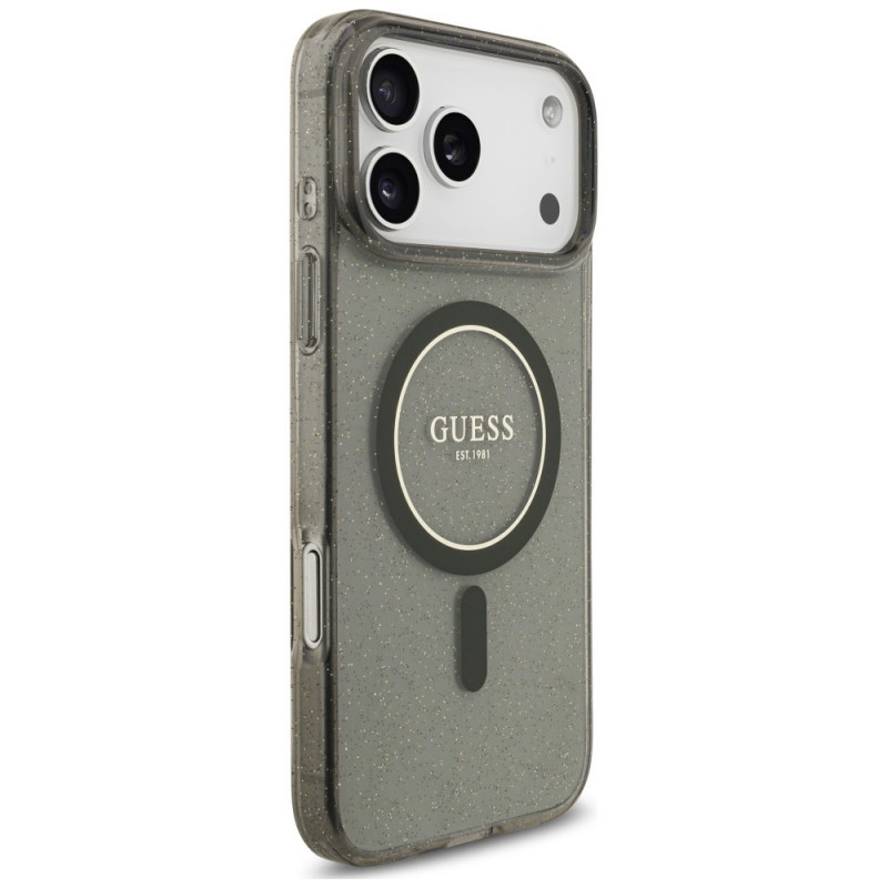Etui MagSafe Guess IML Glitter Pearl Strap dla Apple iPhone 18 Pro / 17 Pro, czarne