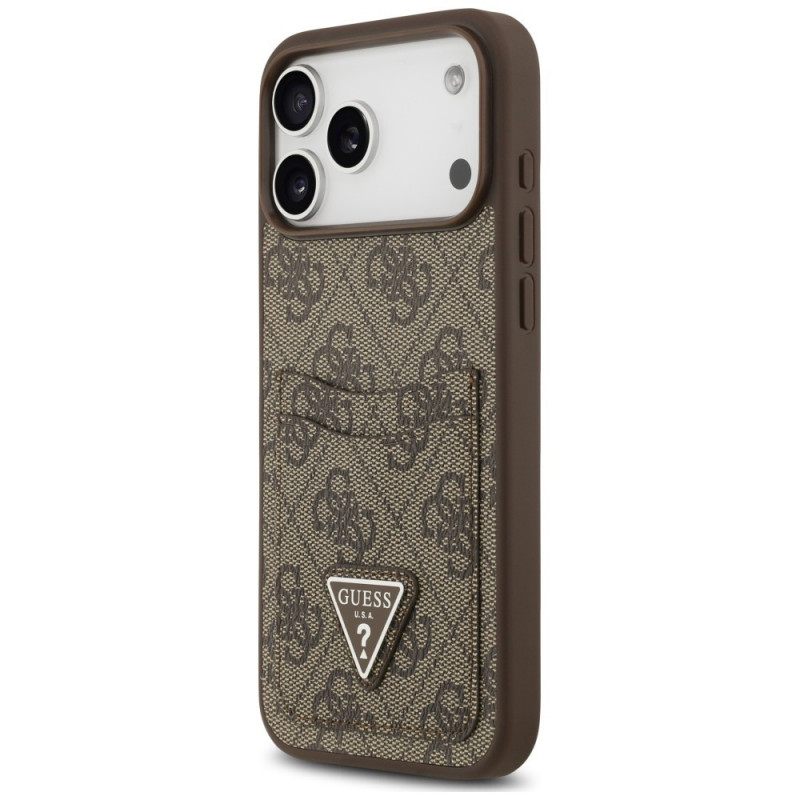 Guess 4G Double Card Triangle etui z podwójnym uchwytem na karty dla Apple iPhone 18 Pro Max / 17 Pro Max, brązowe