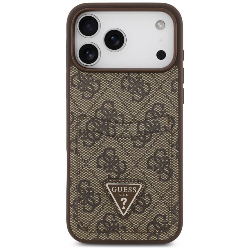 Guess 4G Double Card Triangle etui z podwójnym uchwytem na karty dla Apple iPhone 18 Pro Max / 17 Pro Max, brązowe