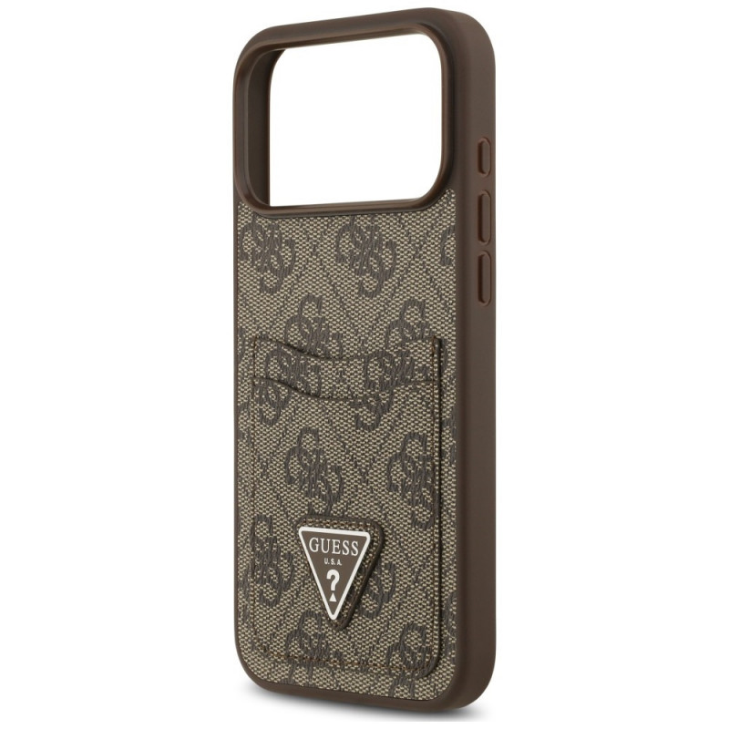 Guess 4G Double Card Triangle etui z podwójnym uchwytem na karty dla Apple iPhone 18 Pro Max / 17 Pro Max, brązowe