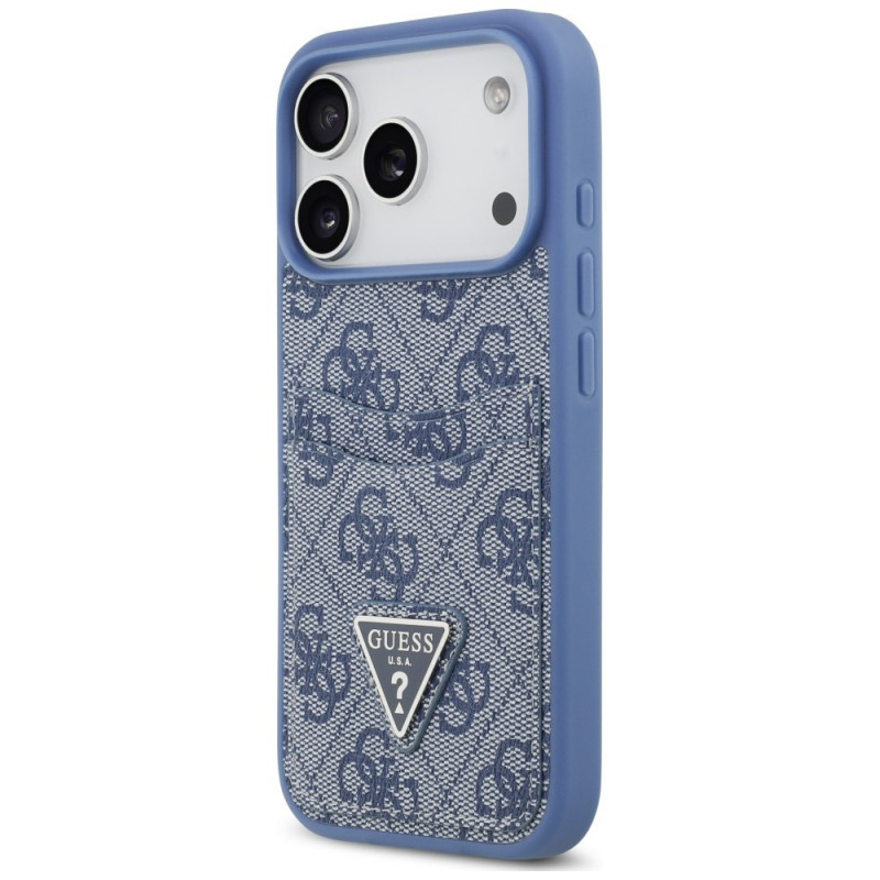 Guess 4G Double Card Triangle etui na kartę podwójną do Apple iPhone 18 Pro / 17 Pro, niebieskie