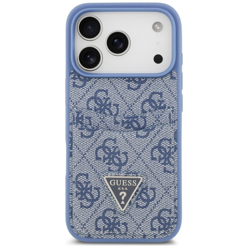 Guess 4G Double Card Triangle etui na kartę podwójną do Apple iPhone 18 Pro / 17 Pro, niebieskie