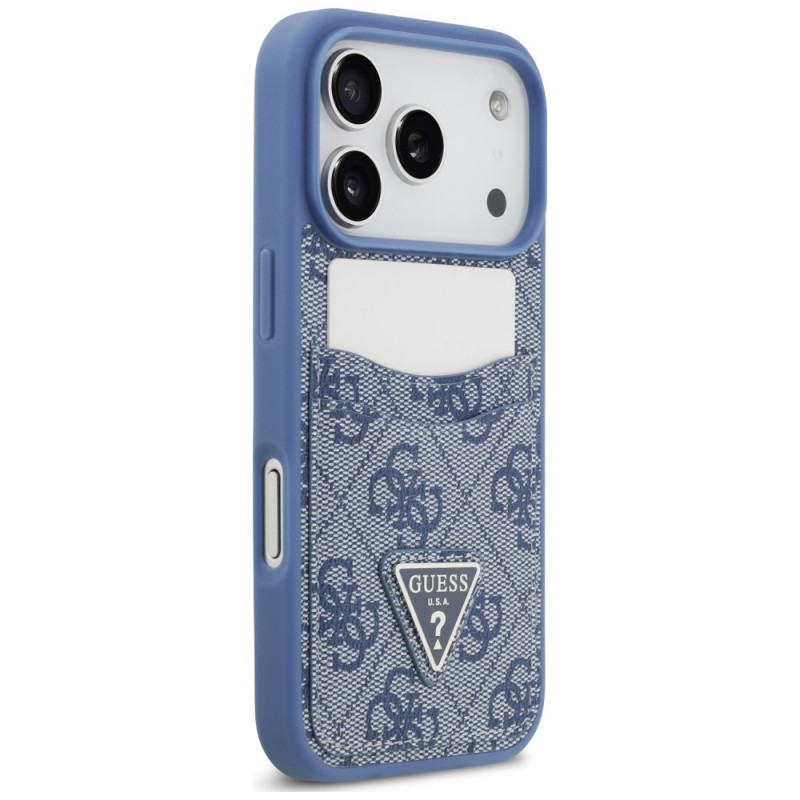 Guess 4G Double Card Triangle etui na kartę podwójną do Apple iPhone 18 Pro / 17 Pro, niebieskie