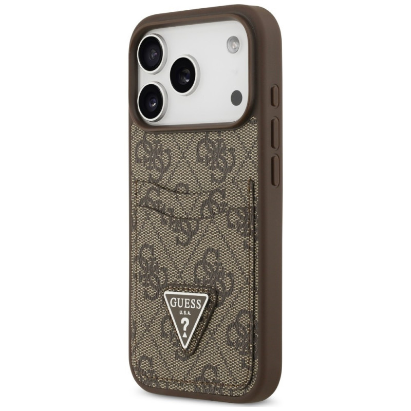 Guess 4G Double Card Triangle etui na kartę w kształcie trójkąta do Apple iPhone 18 Pro / 17 Pro, brązowe