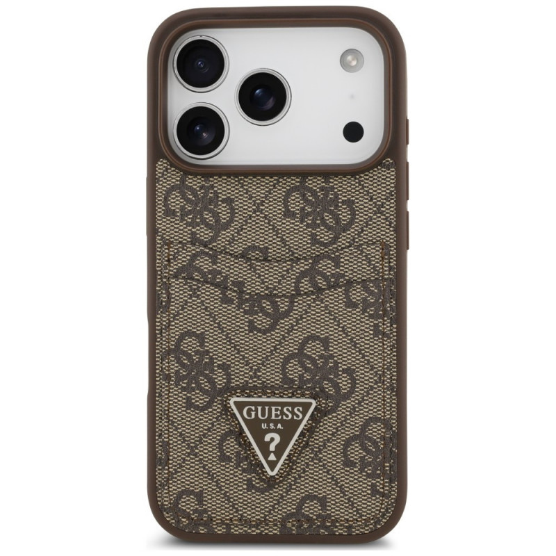 Guess 4G Double Card Triangle etui na kartę w kształcie trójkąta do Apple iPhone 18 Pro / 17 Pro, brązowe