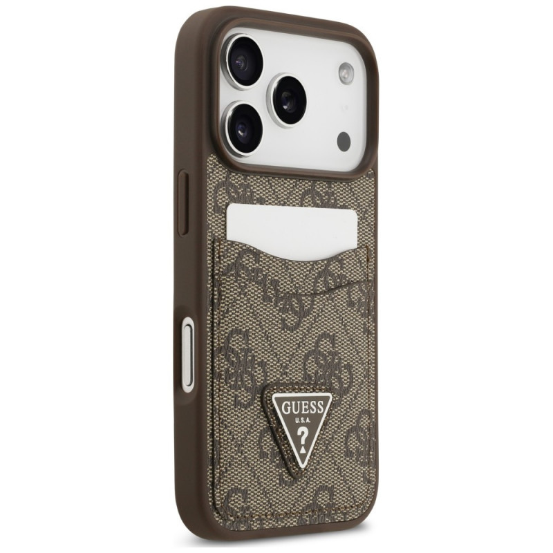 Guess 4G Double Card Triangle etui na kartę w kształcie trójkąta do Apple iPhone 18 Pro / 17 Pro, brązowe