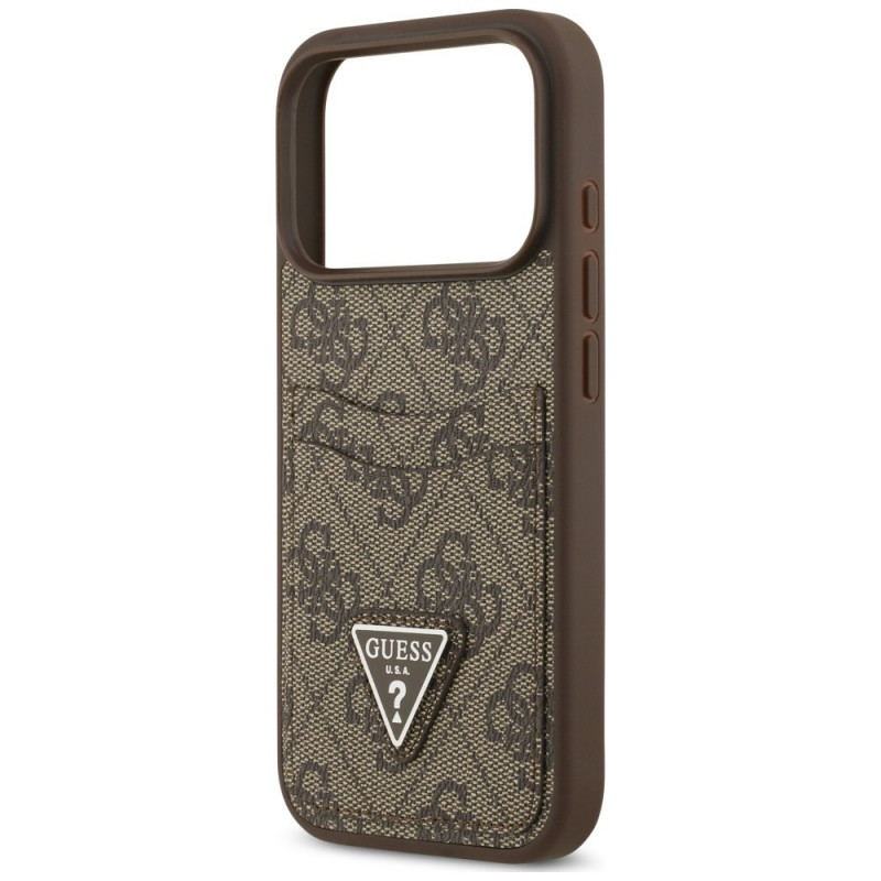 Guess 4G Double Card Triangle etui na kartę w kształcie trójkąta do Apple iPhone 18 Pro / 17 Pro, brązowe
