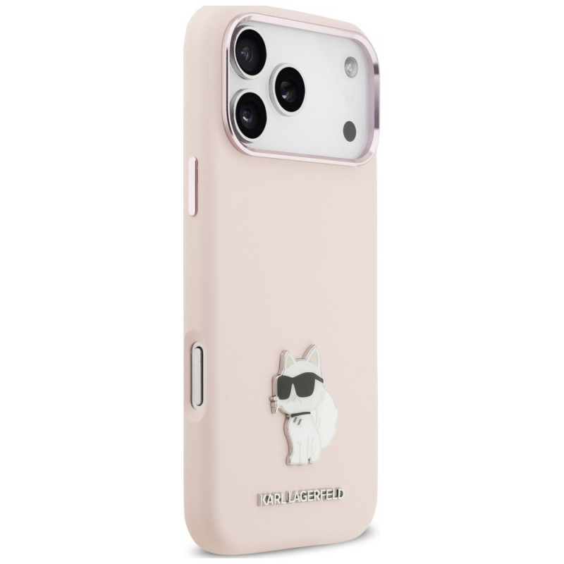 Etui Karl Lagerfeld Silicone Choupette Metal Pin do Apple iPhone 18 Pro Max / 17 Pro Max, różowe