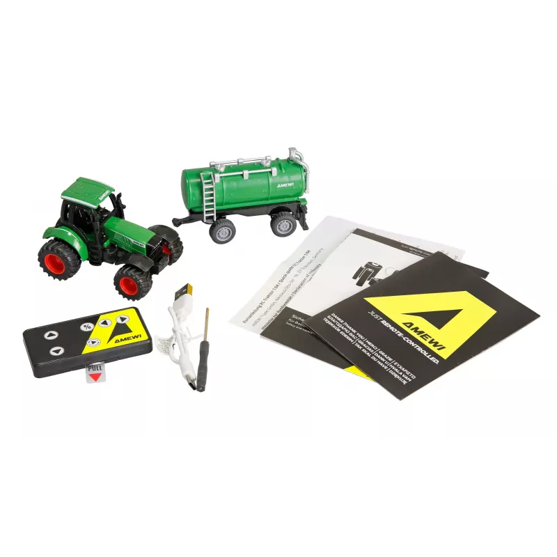 Metalowy traktor Amewi z przyczepą cysterną, 1:64, RTR, zielony