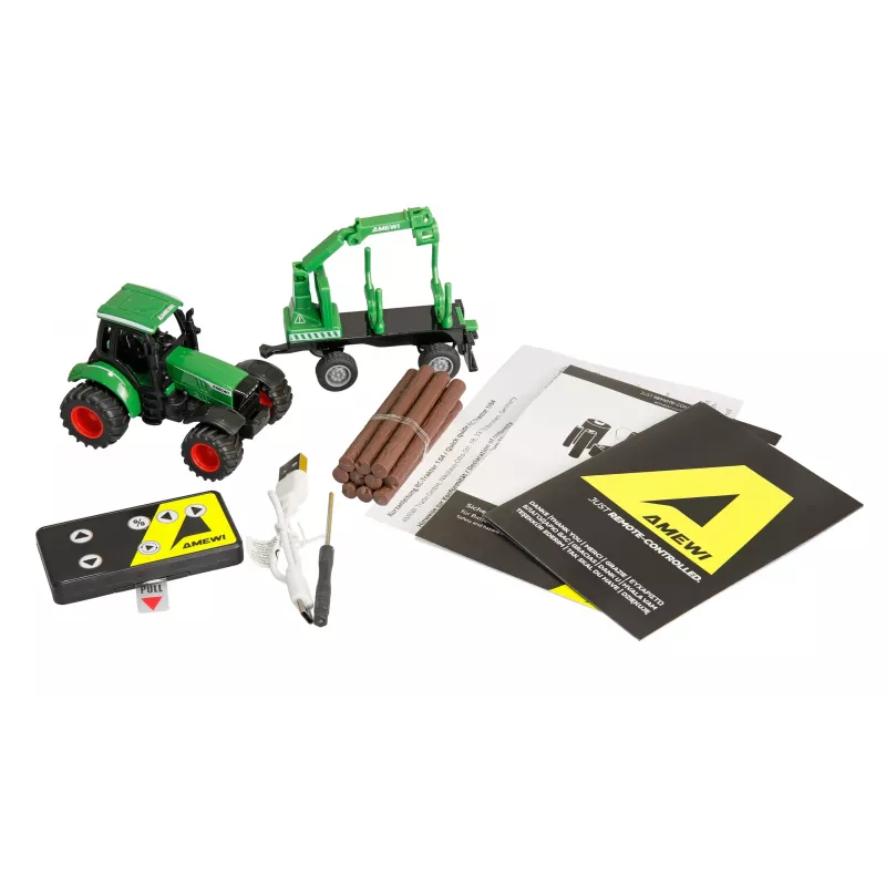 Metalowy traktor Amewi z przyczepą leśną, 1:64, RTR, zielony