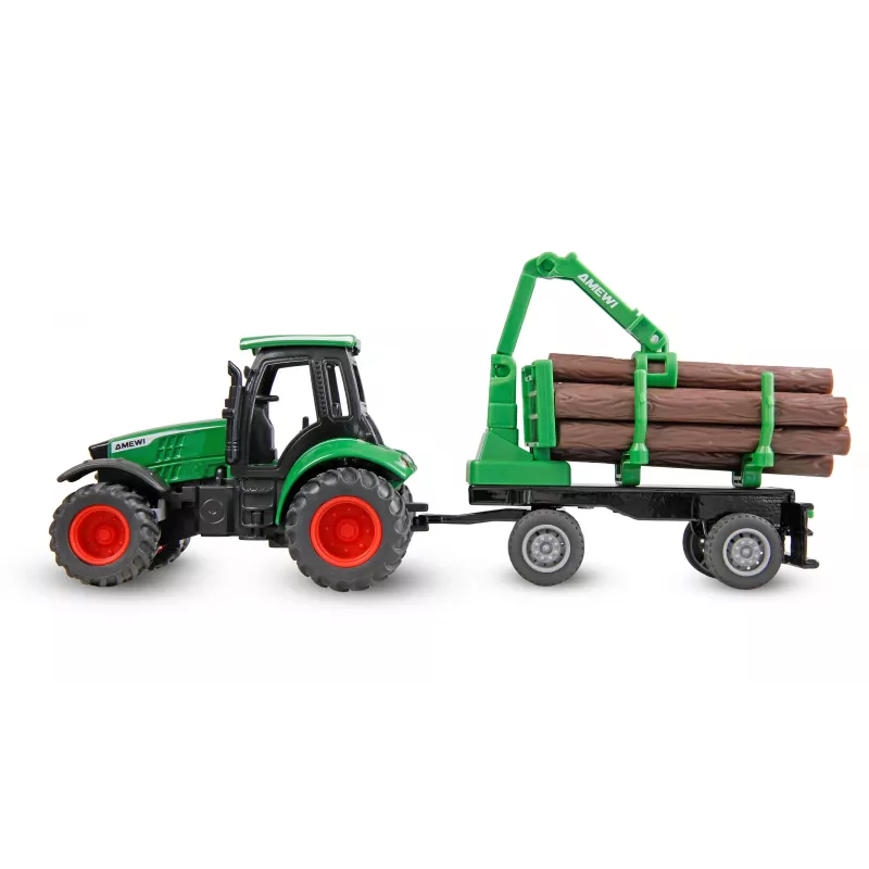 Metalowy traktor Amewi z przyczepą leśną, 1:64, RTR, zielony