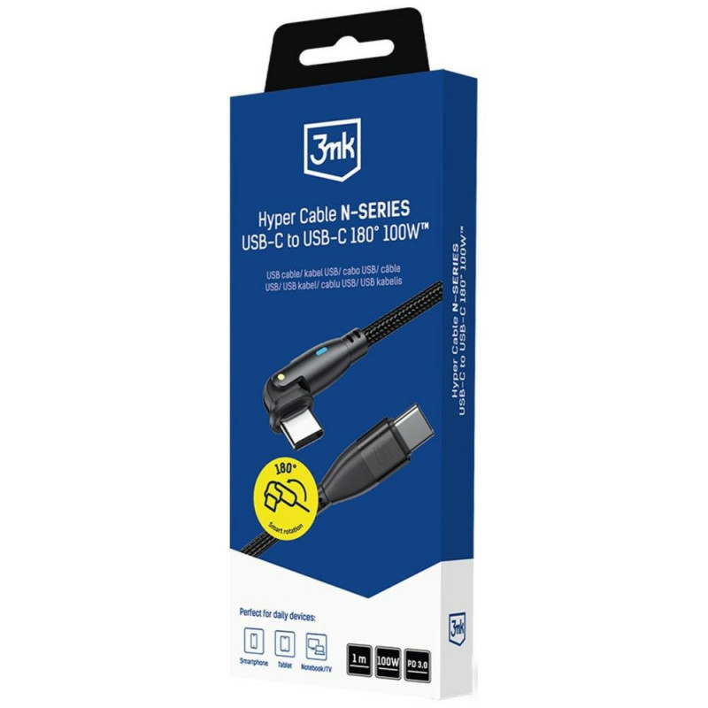 Kabel 3MK Hyper Cable N-SERIES USB-C do USB-C z obrotową końcówką 180°, 1 m, 100 W, czarny