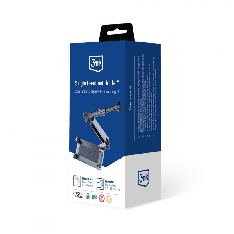 Uchwyt samochodowy na zagłówek 3MK Single Headrest Holder do telefonów i tabletów 4.7"-12.9", czarny