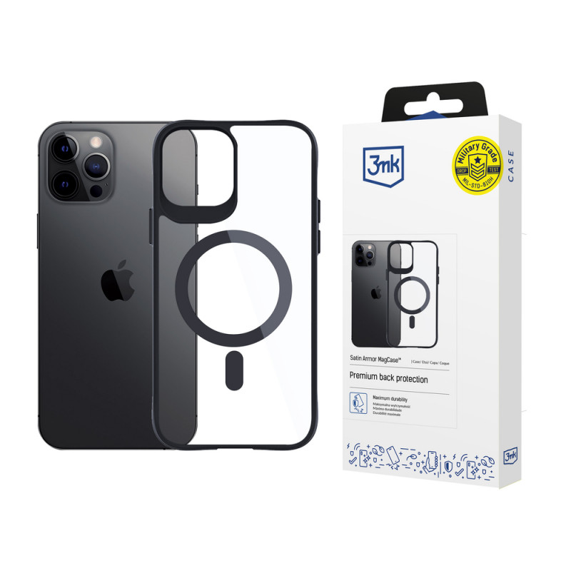 3MK Satin Armor MagCase z MagSafe do Apple iPhone 12 Pro Max, przezroczyste z czarną ramką