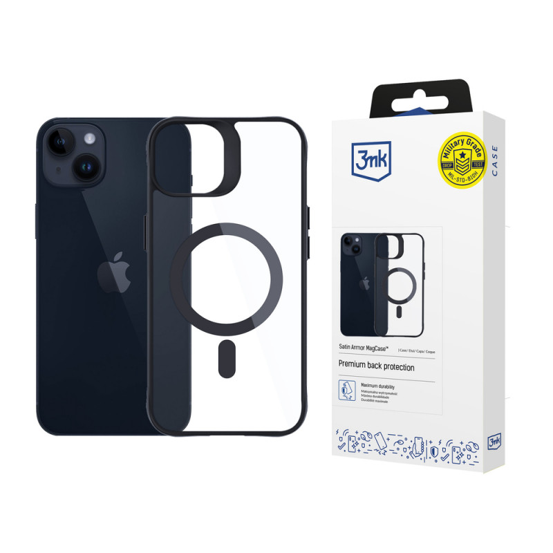 3MK Satin Armor MagCase z MagSafe do Apple iPhone 14 Plus, przezroczysty z czarną ramką (156076-0)