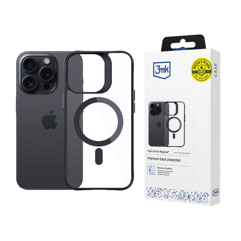 3MK Satin Armor MagCase z MagSafe do Apple iPhone 14 Pro Max, przezroczyste z czarną ramką
