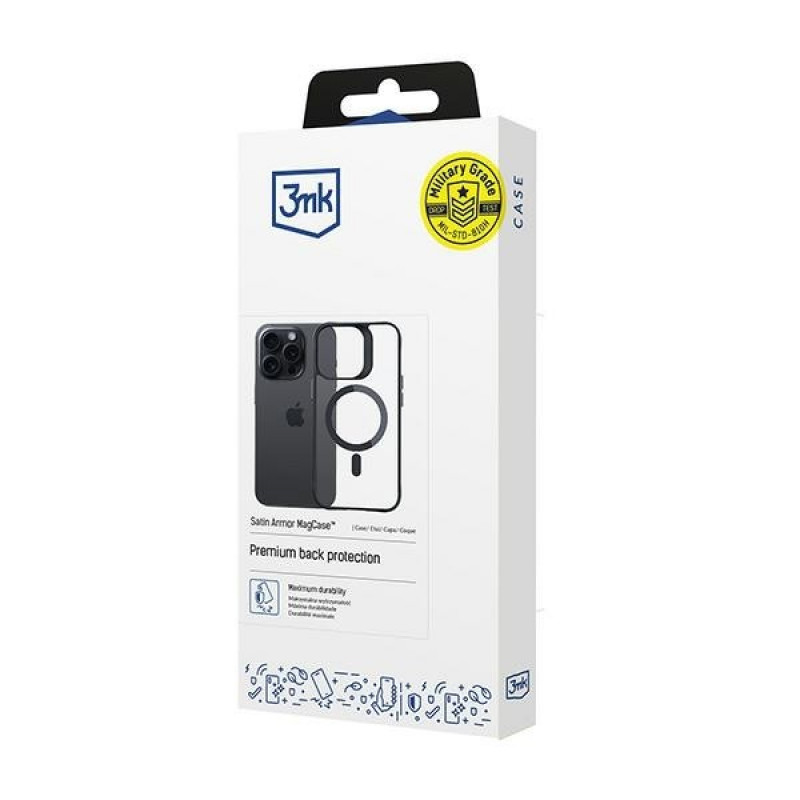 3MK Satin Armor MagCase z MagSafe do Apple iPhone 14 Pro Max, przezroczyste z czarną ramką