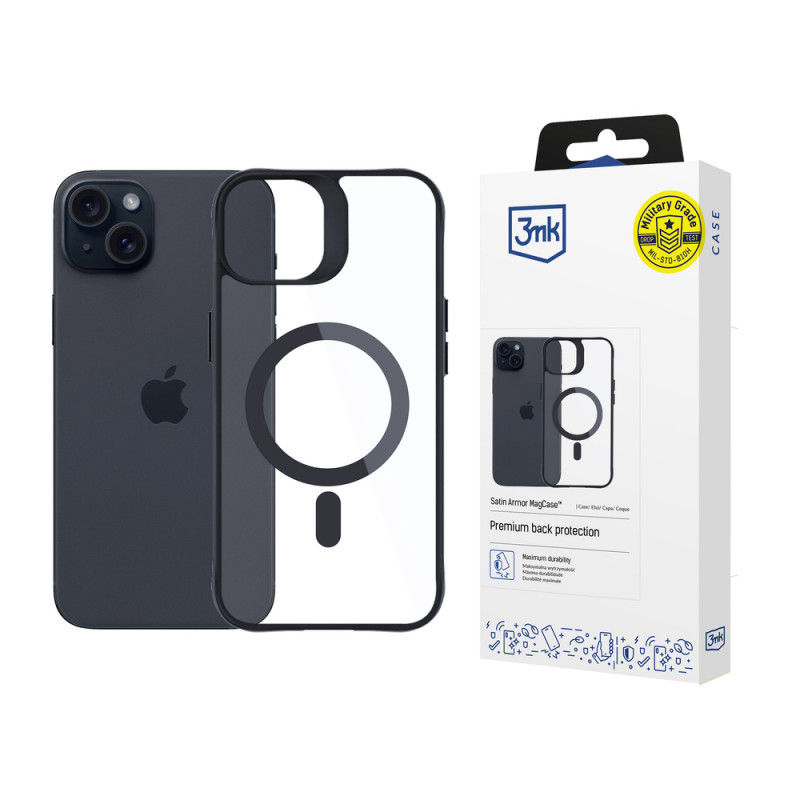 3MK Satin Armor MagCase z MagSafe do Apple iPhone 15 Plus, przezroczyste z czarną ramką (156080-0)