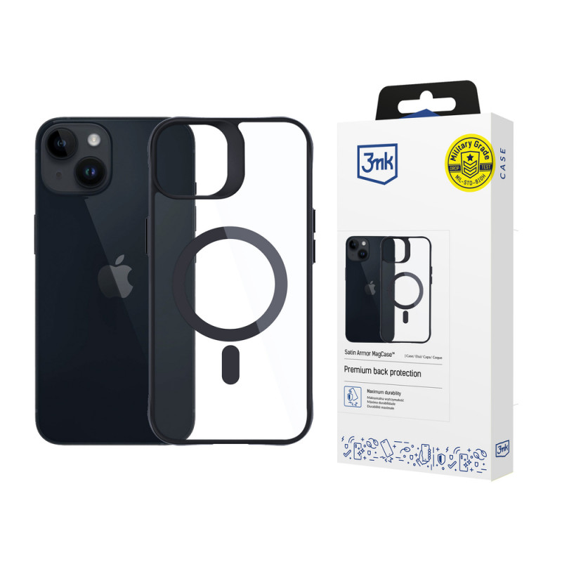 3MK Satin Armor MagCase z MagSafe do Apple iPhone 13 / 14, przezroczyste z czarną ramką (156075-0)