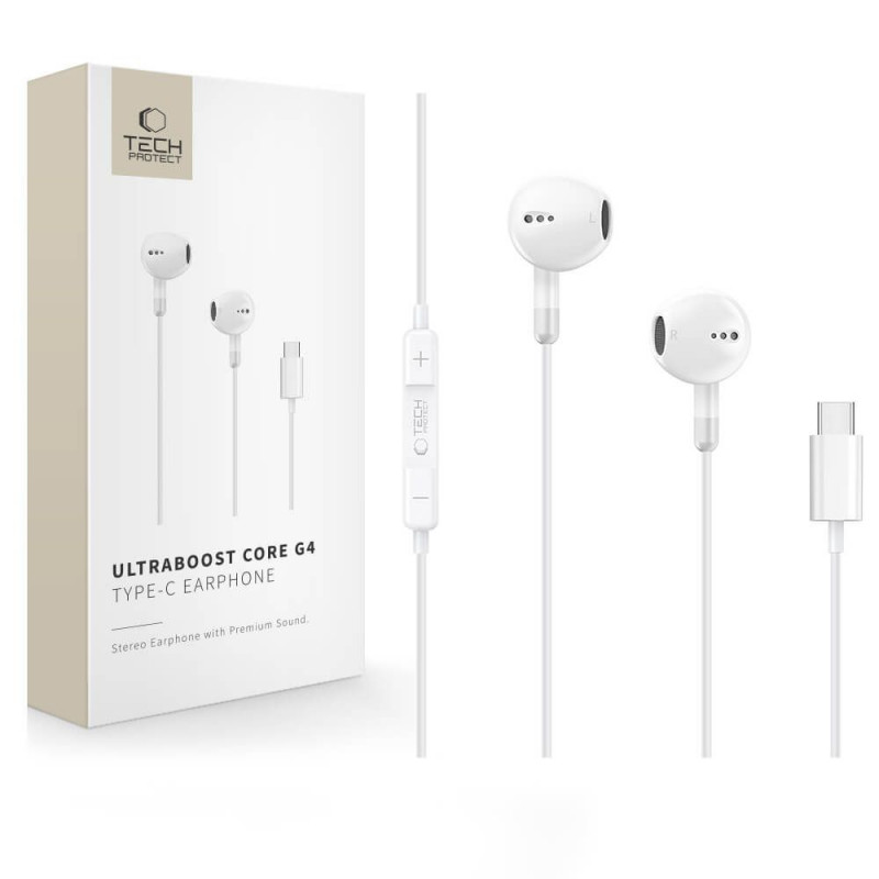 Tech-Protect Ultraboost Core G4 przewodowe słuchawki douszne USB-C, białe