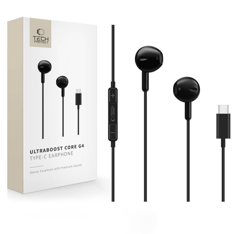 Tech-Protect Ultraboost Core G4 przewodowe słuchawki douszne USB-C, czarne