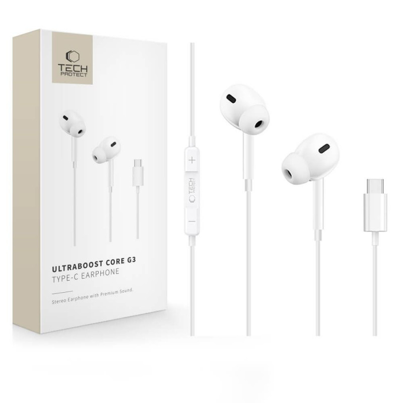 Tech-Protect Ultraboost Core G3 przewodowe słuchawki douszne USB-C, białe