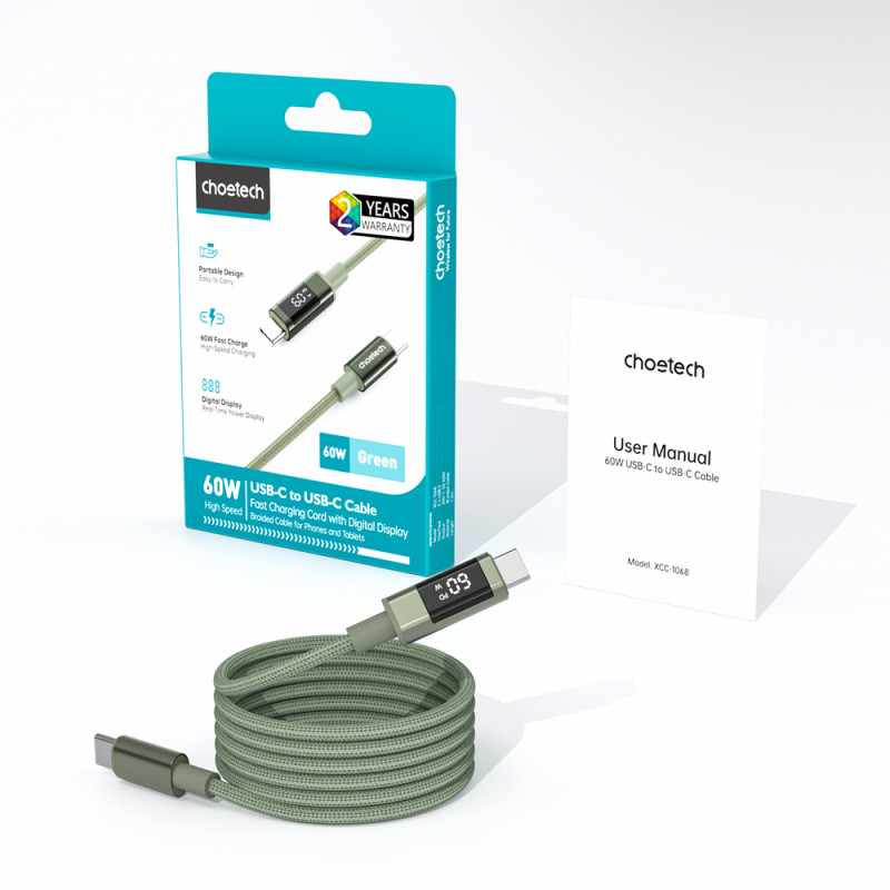 Choetech XCC-1068 kabel USB-C do USB-C PD 60W z wyświetlaczem, 1,2 m, zielony