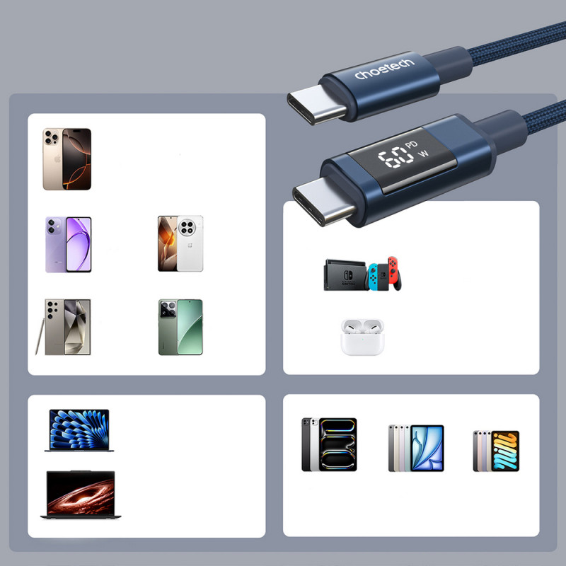 Choetech XCC-1068 kabel USB-C do USB-C PD 60W z wyświetlaczem, 1,2 m, niebieski