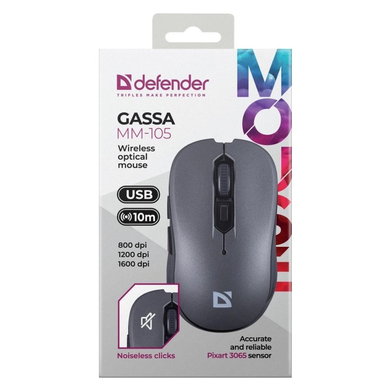 Defender Gassa MM-105 RF Silent Bezprzewodowa Mysz, Szary