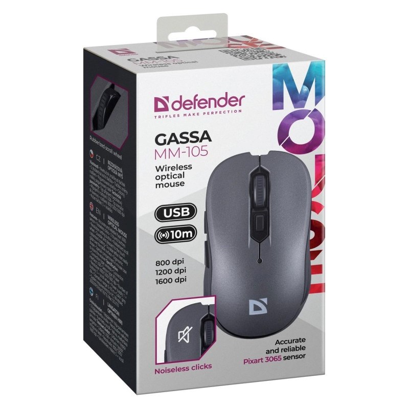 Defender Gassa MM-105 RF Silent Bezprzewodowa Mysz, Szary