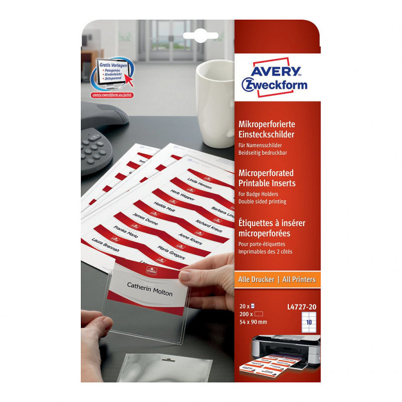 Etykiety samoprzylepne na identyfikatory Avery Zweckform L4727-20, 90 x 54 mm, białe