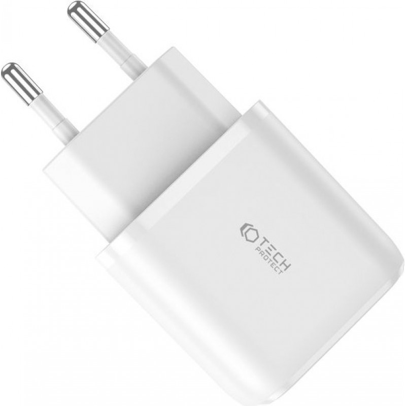 Tech-Protect C20W ładowarka ścienna 2-portowa, USB-C PD 20W i USB-A QC 3.0, biała