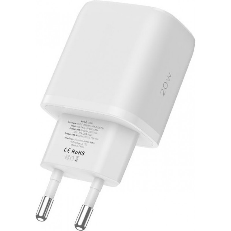 Tech-Protect C20W ładowarka ścienna 2-portowa, USB-C PD 20W i USB-A QC 3.0, biała