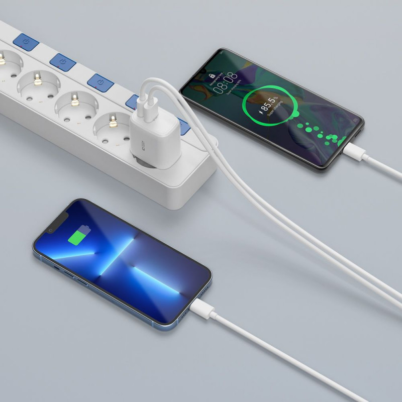 Tech-Protect C20W ładowarka ścienna 2-portowa, USB-C PD 20W i USB-A QC 3.0, biała