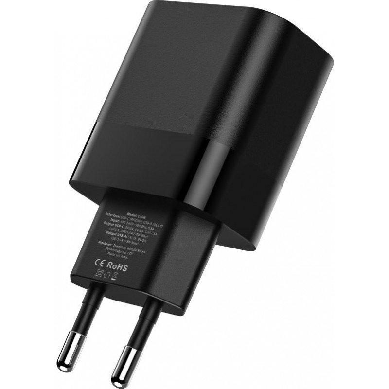 Tech-Protect C30W ładowarka ścienna 2-portowa, USB-C PD 30W i USB-A QC 3.0, czarna