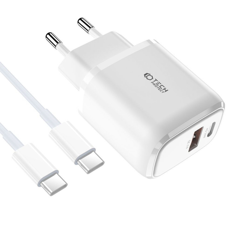 Tech-Protect C20W ładowarka ścienna 2-portowa PD 20W QC 3.0 z kablem USB-C, biała