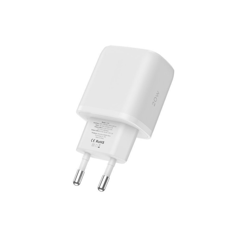 Tech-Protect C20W ładowarka ścienna 2-portowa PD 20W QC 3.0 z kablem USB-C, biała