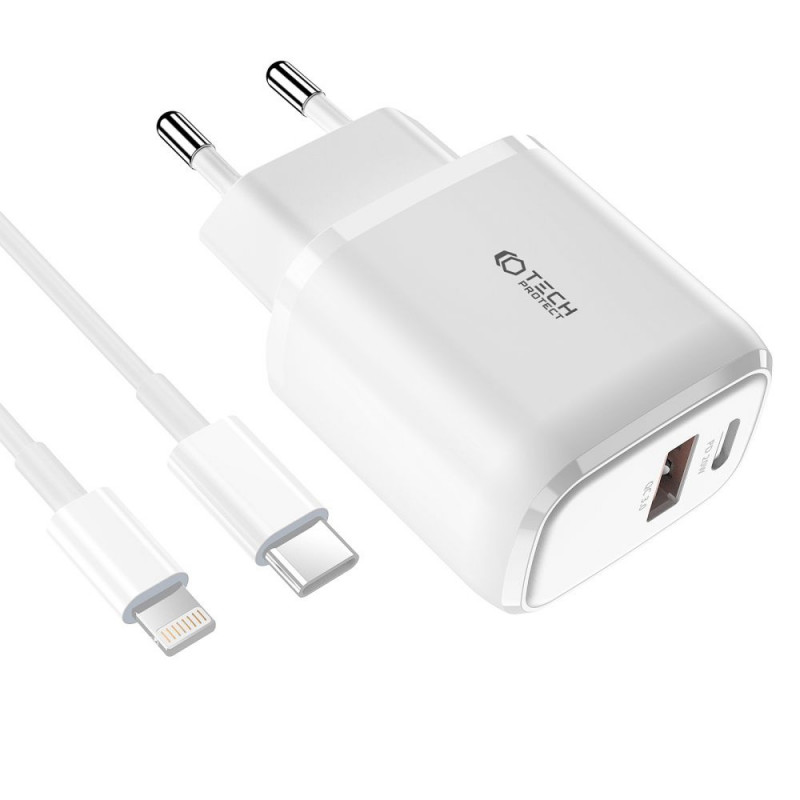 Tech-Protect C20W ładowarka ścienna 2-portowa PD 20W QC 3.0 z kablem Lightning, biała