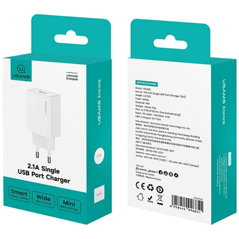 USAMS CC326 T69 ładowarka ścienna USB-A, 10,5 W, 2,1 A, biała