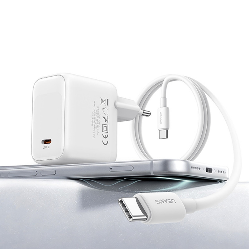 USAMS CC339 T76 ładowarka ścienna GaN USB-C 45W z kablem USB-C do USB-C SJ711 (1 m), biała