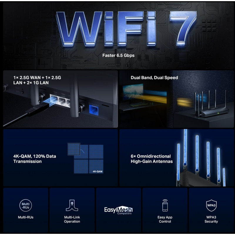 Mercusys MR37BE dwuzakresowy router Wi-Fi 7, do 6500 Mbps