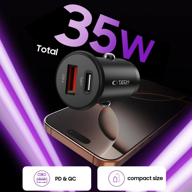 Tech-Protect CC02 ładowarka samochodowa 2-portowa USB-A / USB-C, PD 35W / QC 3.0, czarna (THP4079)