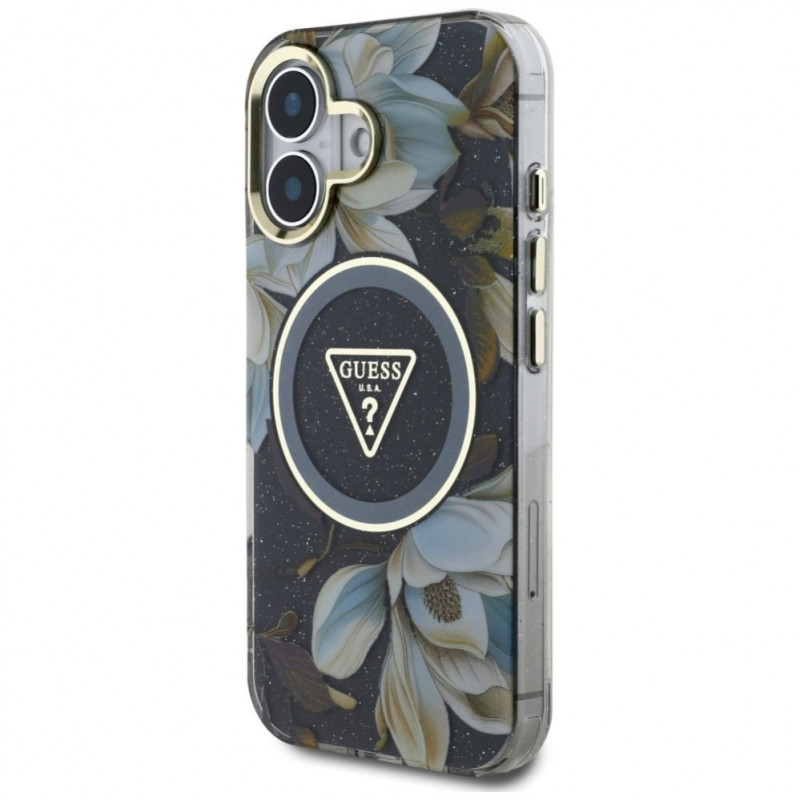 Etui MagSafe Guess Glitter Flowers Triangle Buttons dla Apple iPhone 16, czarny