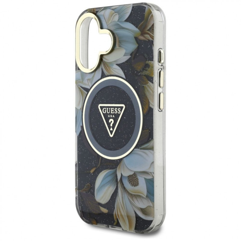 Etui MagSafe Guess Glitter Flowers Triangle Buttons dla Apple iPhone 16, czarny