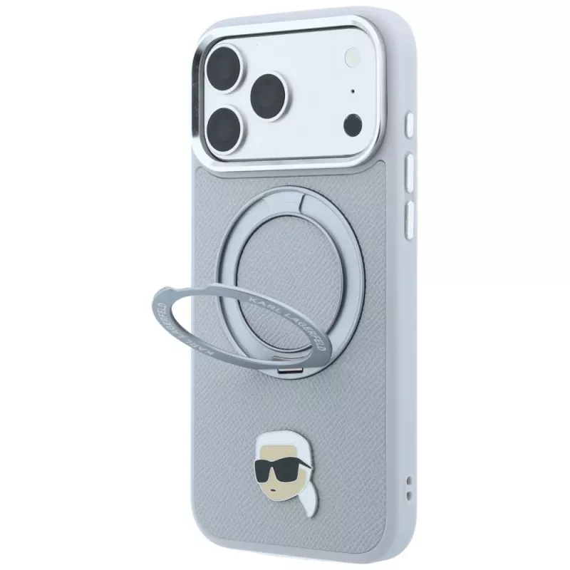 Etui MagSafe Karl Lagerfeld with Ring Stand 360 Karl Head Pin dla Apple iPhone 18 Pro / 17 Pro, szare (KF003235)
