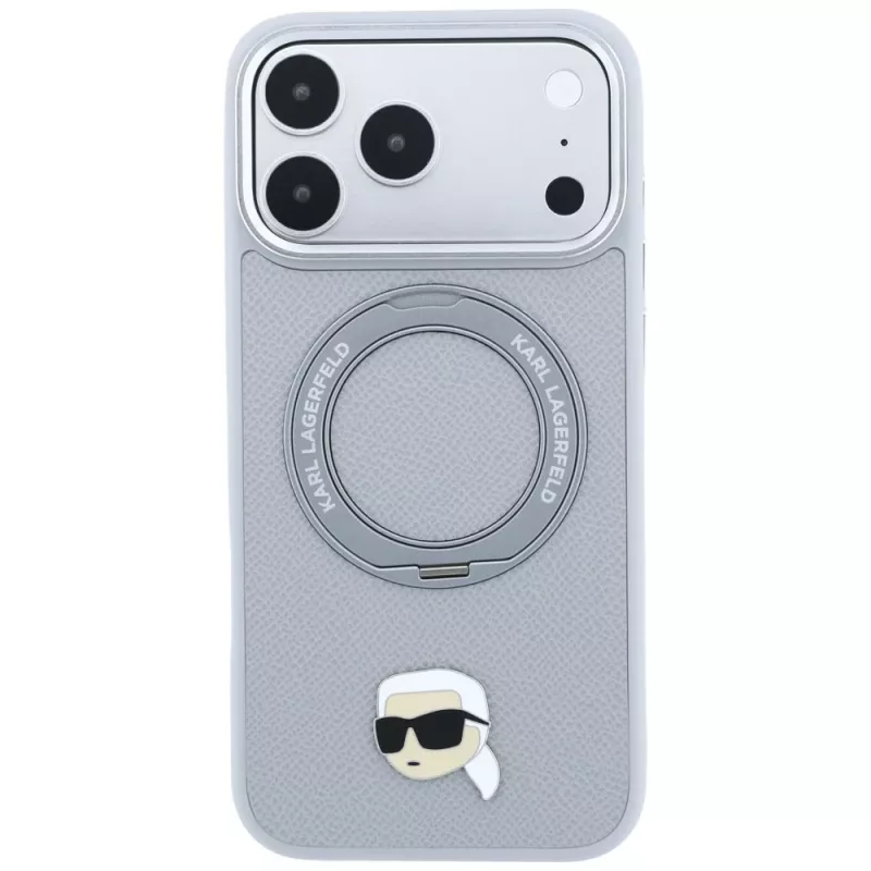 Etui MagSafe Karl Lagerfeld with Ring Stand 360 Karl Head Pin dla Apple iPhone 18 Pro / 17 Pro, szare (KF003235)