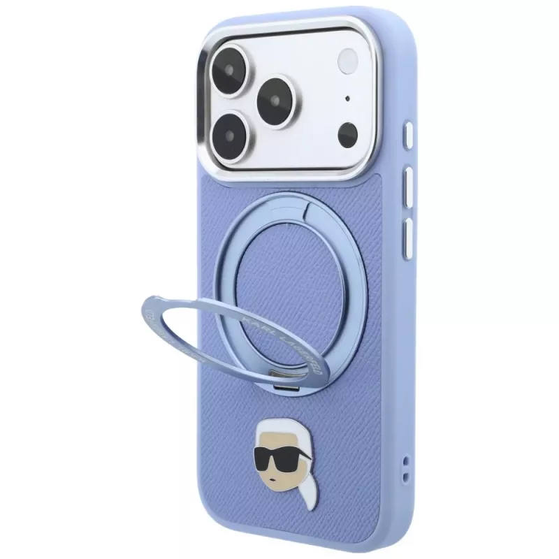 Etui MagSafe Karl Lagerfeld with Ring Stand 360 Karl Head Pin dla Apple iPhone 18 Pro Max / 17 Pro Max, jasnoniebieskie (KF003238)