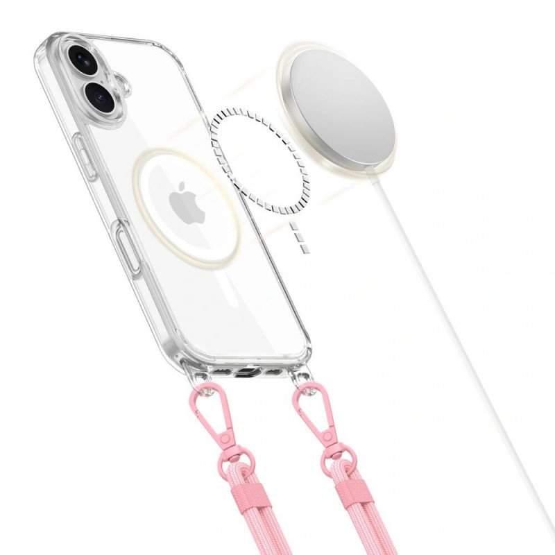 Etui Tech-Protect FlexAir Chain MagSafe do Apple iPhone 16, przezroczyste, z szarym i różowym smyczą