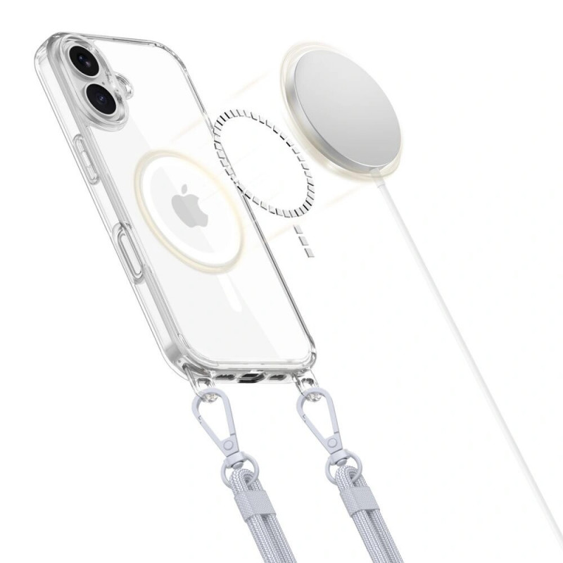 Etui Tech-Protect FlexAir Chain MagSafe do Apple iPhone 16, przezroczyste, z szarym i różowym smyczą