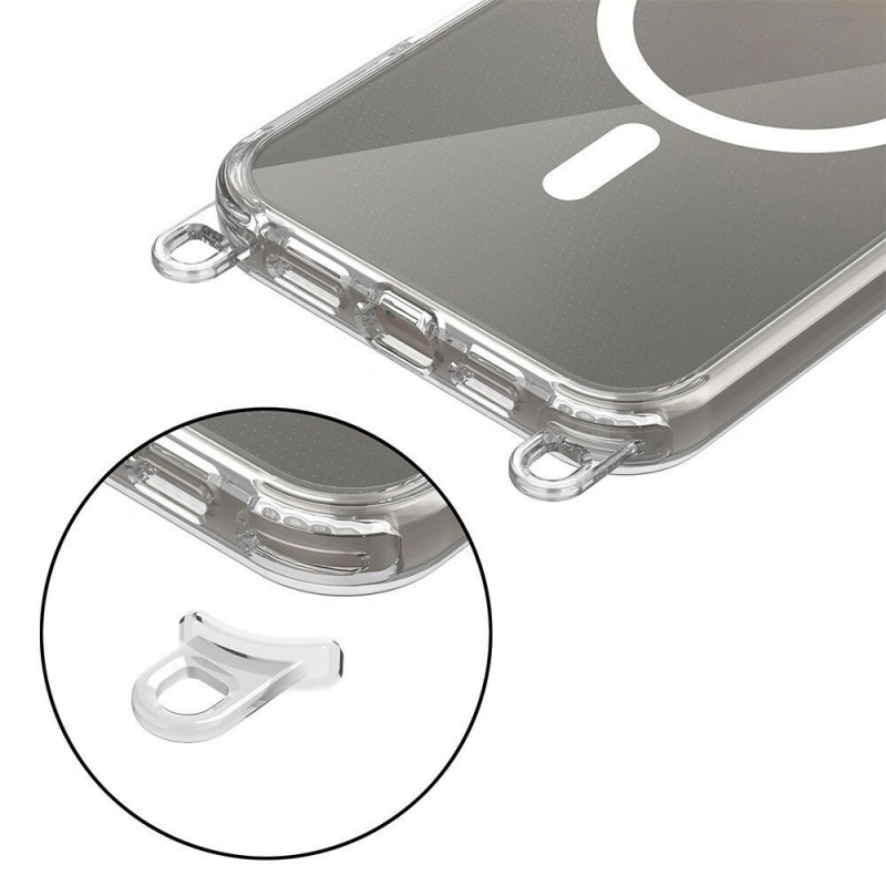 Etui Tech-Protect FlexAir Chain MagSafe do Apple iPhone 16, przezroczyste, z szarym i różowym smyczą